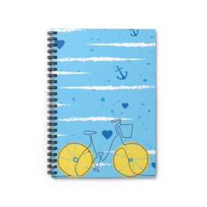 Yellow Wheel Bicycle Notebook | Spiral Ruled Notebook, Nautical Heart Pattern